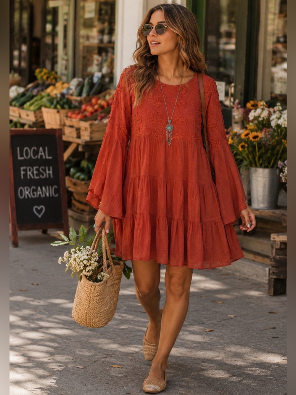 Umgee dress, ballon Sleeves coral size XL - Picture 2 of 8
